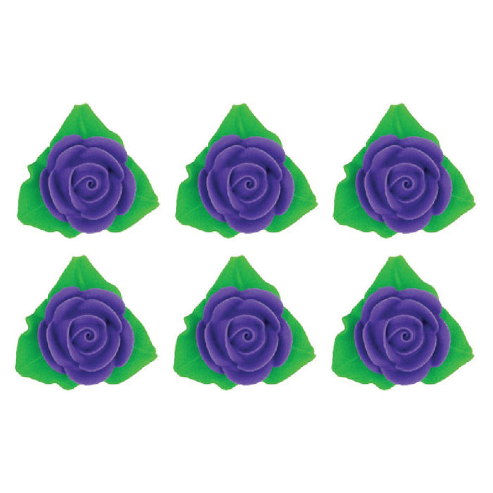 Rose Flower W/ Leaves Decorative Icing (Purple) - 6ct