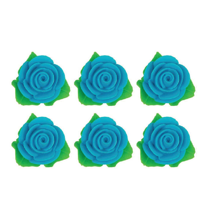 Rose Flower W/ Leaves Decorative Icing (Blue) - 6ct